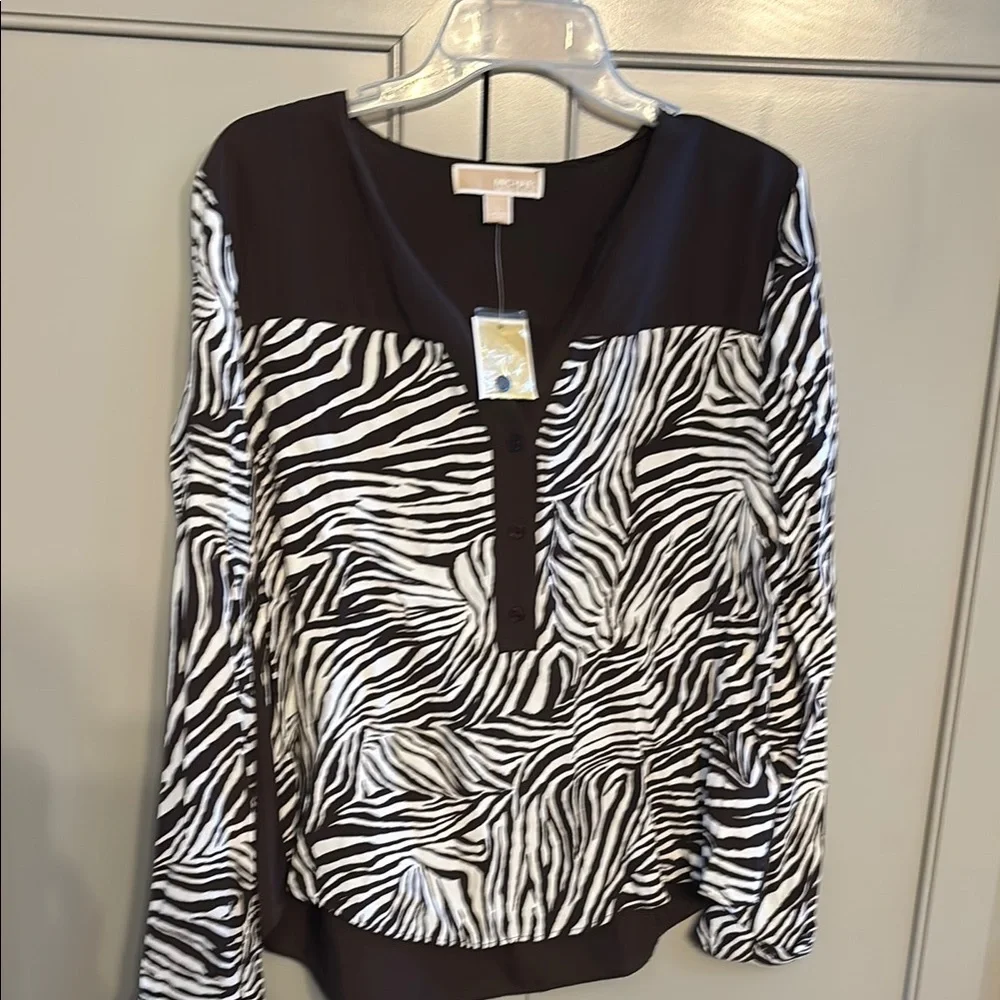 NWT Women’s Large Blouse Michael Kors Brown and White Long Sleeve Zebra Print
